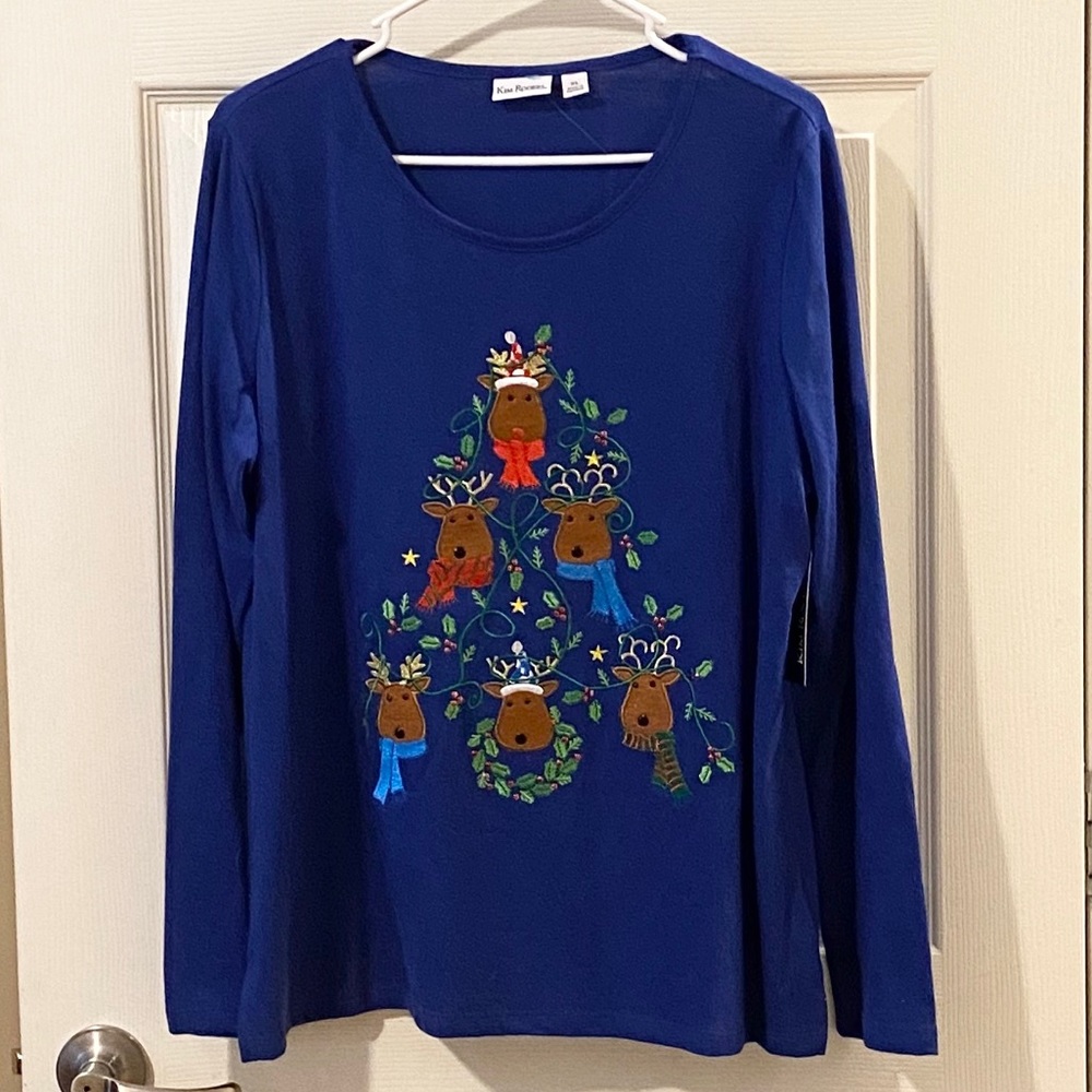 Kim Rogers Blue Reindeer Tree Holiday T-Shirt NWT